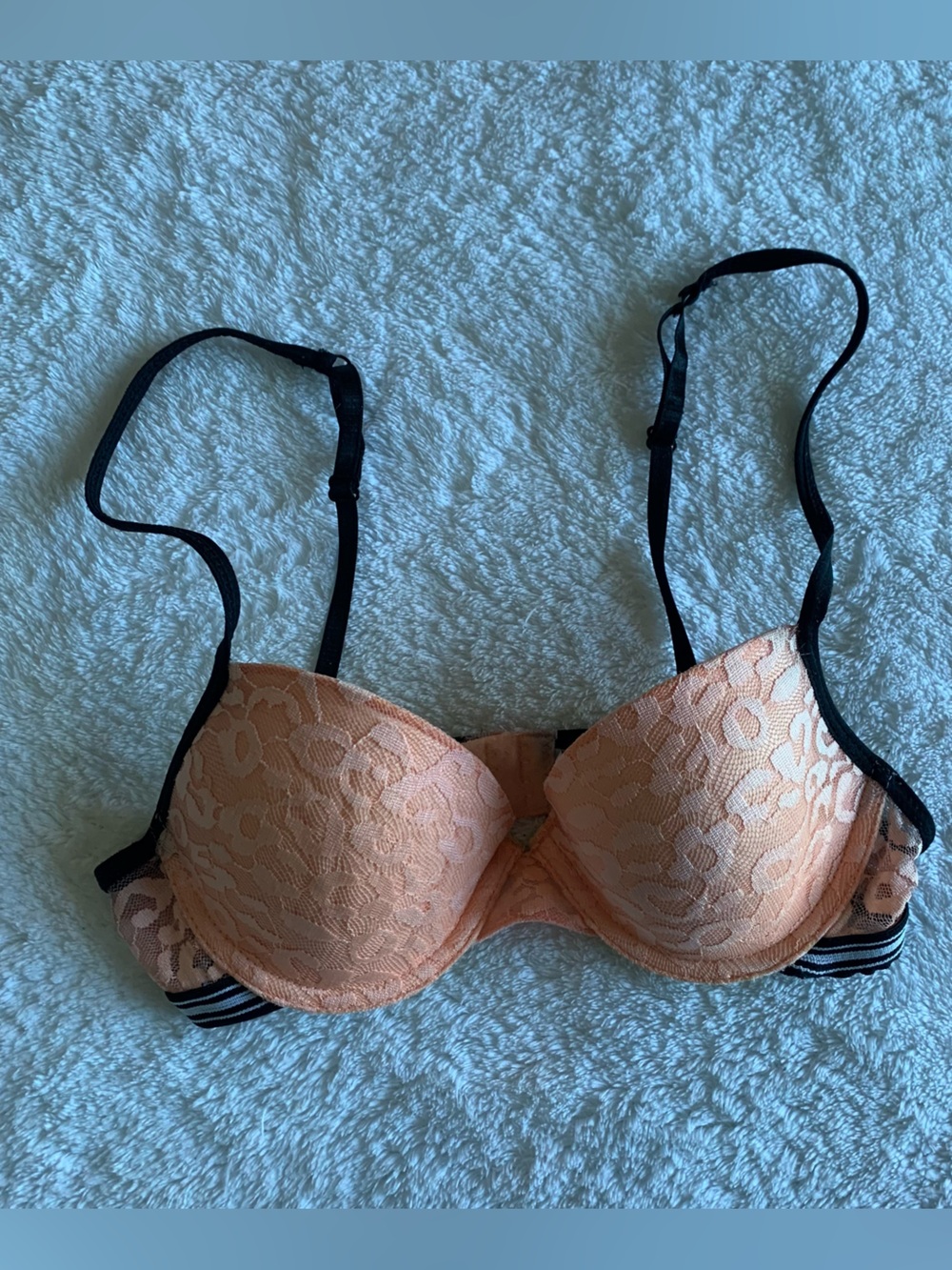 Joe Boxer Underwire Push-Up Bra 34A Peach Pink Floral Lace Black Trim Straps